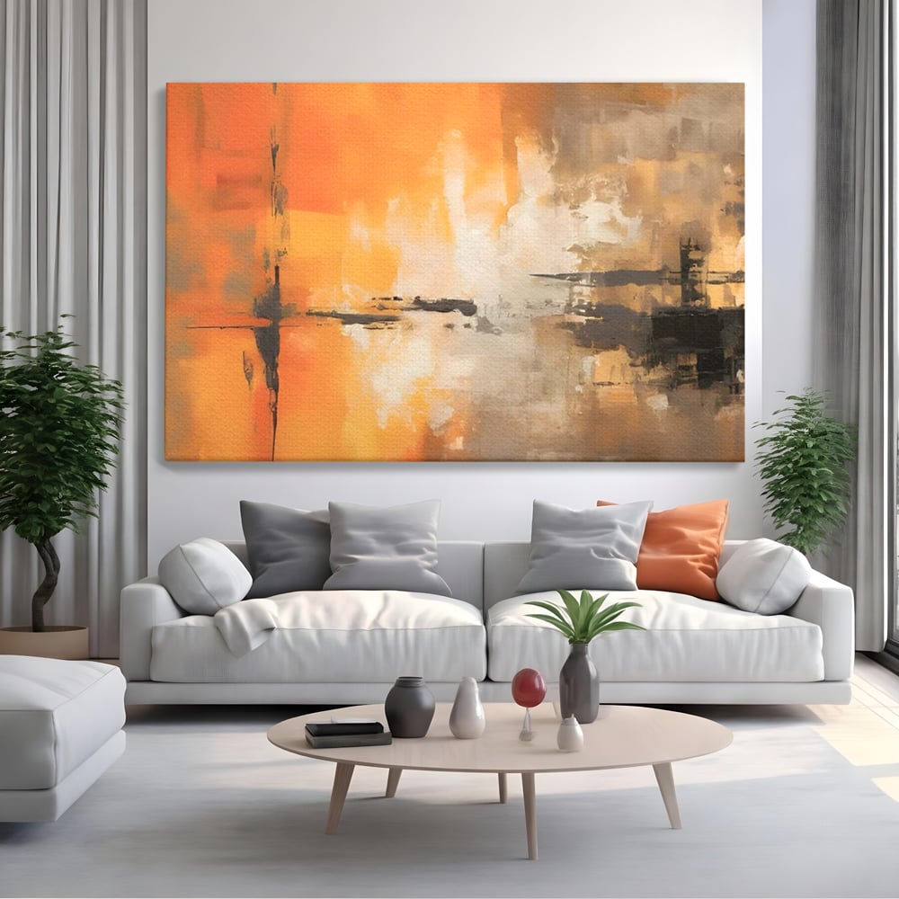 Tablou canvas cu pictura abstracta cu forme portocalii si negre, fara rama, pe sasiu de lemn, pe perete intr-un living